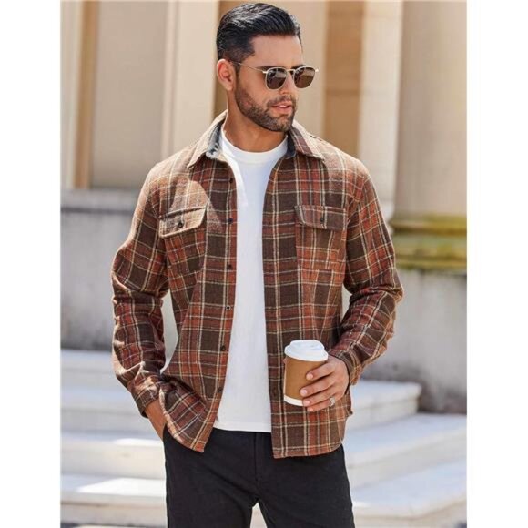 Men's Flannel Brown Shirts Long Sleeve Cotton Plaid Jacket Casual with Pockets - Picture 2 of 6